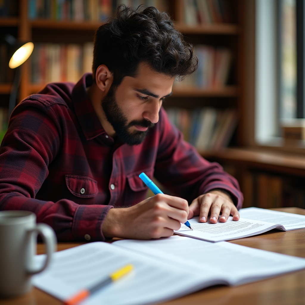 Content strategist annotating printed Google Helpful Content Update documentation at a desk with coffee and notebook