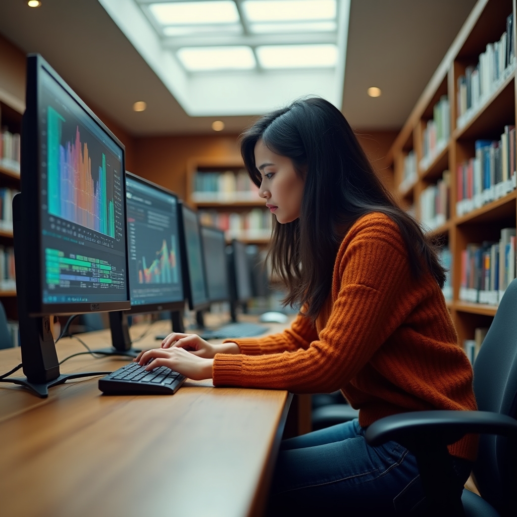 Researcher analyzing historical Google algorithm patterns on multiple screens in a library setting