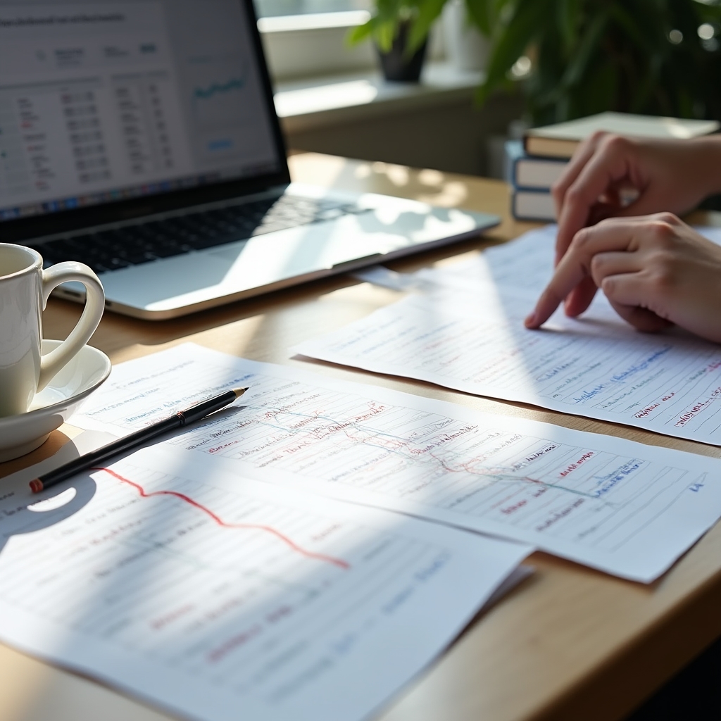 Close-up of a researcher's desk with printed algorithm timeline charts, a laptop, and annotated notes in a well-lit academic environment