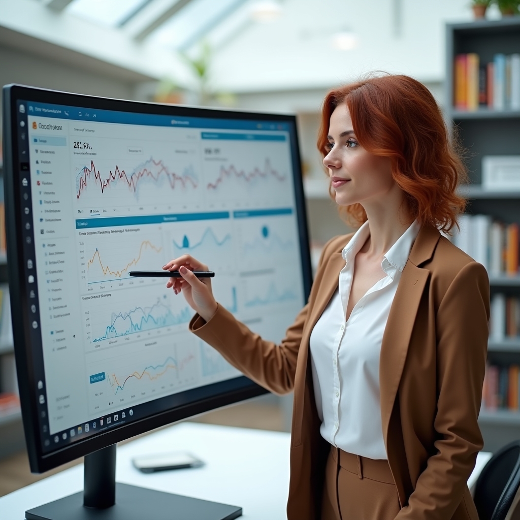SEO professional reviewing a custom monitoring dashboard with multiple data widgets on a large widescreen monitor in a bright workspace