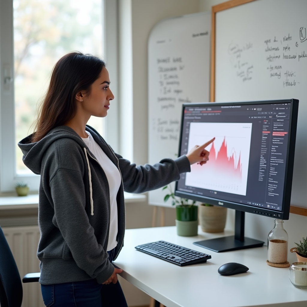 SEO analyst investigating website traffic drop patterns on a large monitor in a modern workspace